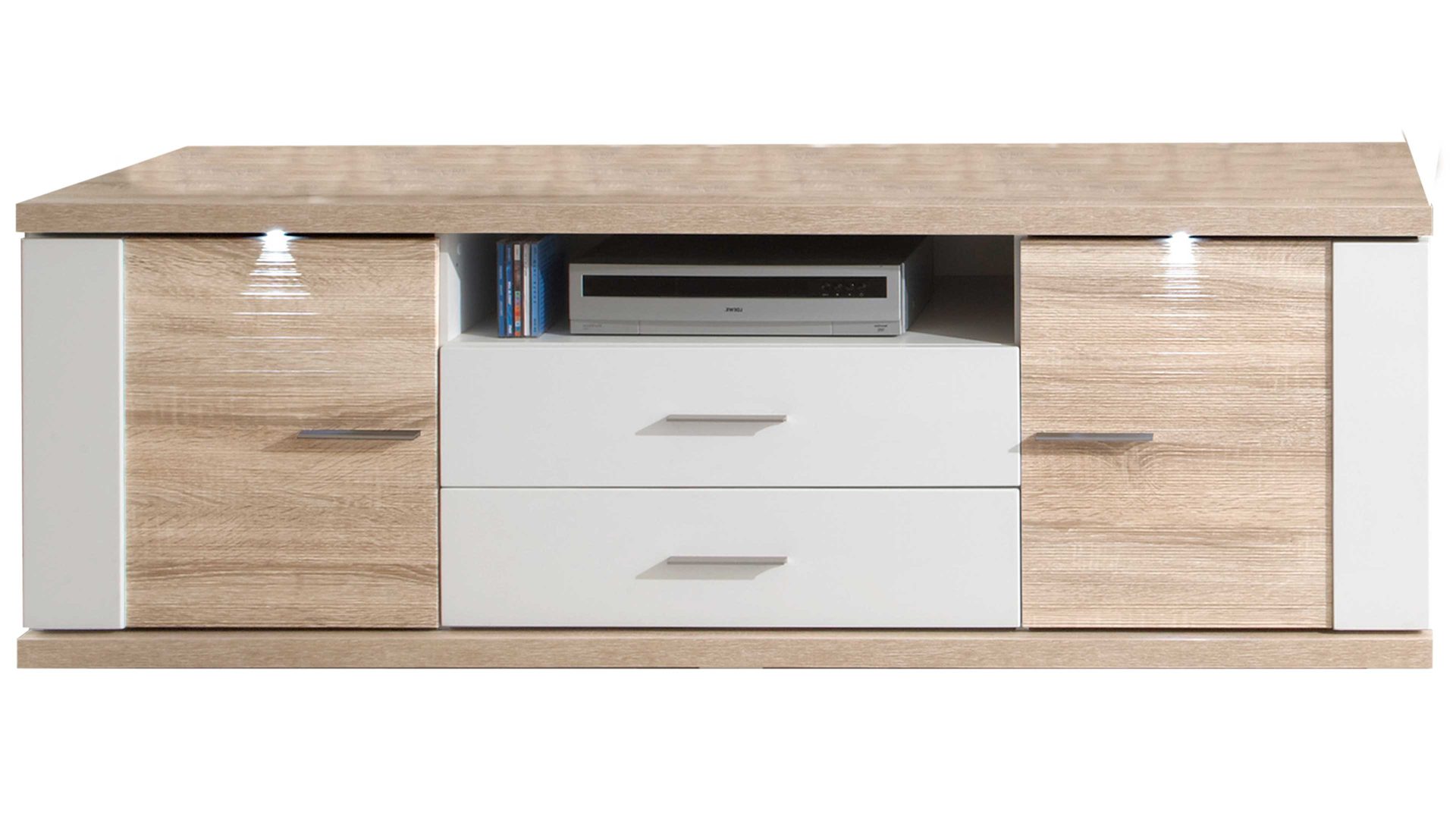 Wohnwand Ideal möbel aus Holz in Holzfarben Wohnkombination Manhattan - Wohnwand mit TV-Möbel Weiß & Eiche sägerau – vierteilig, Breite ca. 329 cm