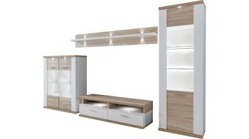 Wohnwand Ideal möbel aus Holz in Holzfarben Wohnkombination Manhattan - Wohnwand mit TV-Möbel Weiß & Eiche sägerau – fünfteilig, Breite ca. 330 cm