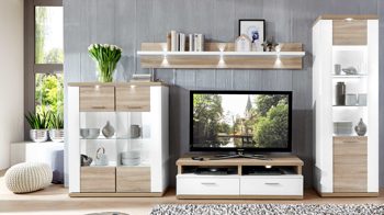 Wohnwand Ideal möbel aus Holz in Holzfarben Wohnkombination Manhattan - Wohnwand mit TV-Möbel Weiß & Eiche sägerau – fünfteilig, Breite ca. 330 cm