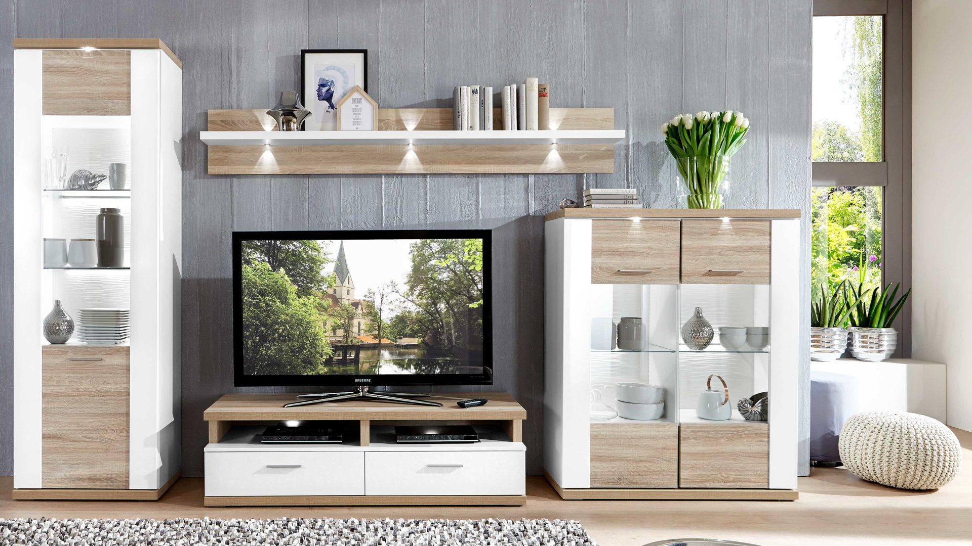 Wohnwand Ideal möbel aus Holz in Holzfarben Wohnkombination Manhattan - Wohnwand mit TV-Möbel Weiß & Eiche sägerau – fünfteilig, Breite ca. 330 cm