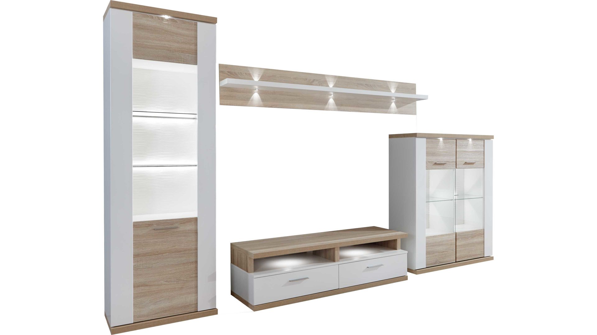 Wohnwand Ideal möbel aus Holz in Holzfarben Wohnkombination Manhattan - Wohnwand mit TV-Möbel Weiß & Eiche sägerau – fünfteilig, Breite ca. 330 cm