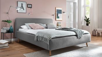 Bettgestell Meise.möbel aus Stoff in Hellgrau Polsterbettgestell Mattis hellgraues Flachgewebe Aspen 92 & Holzfüße - Liegefläche ca. 160 x 200 cm