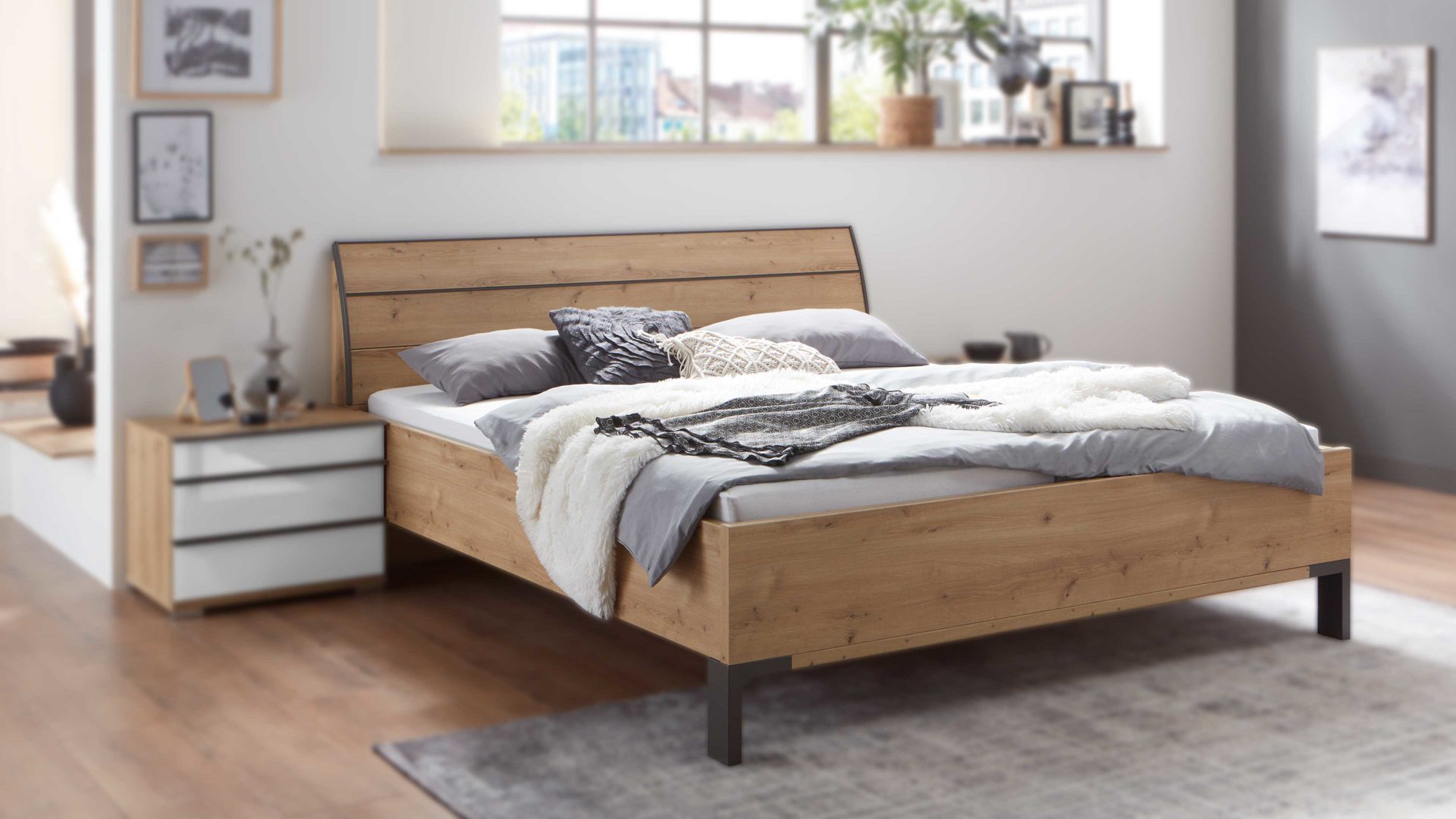Bettgestell Wiemann | oeseder aus Holz in Holzfarben WIEMANN Schlafzimmerprogramm Loft – Bettgestell Bianco Eiche & Schiefer – Liegefläche ca. 180 x 200 cm