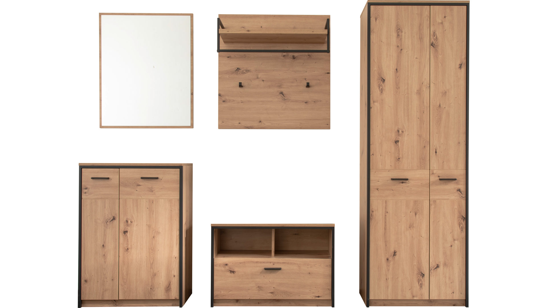 Garderoben-Set Mca furniture aus Holz in Holzfarben Garderobenserie Bergen – Komplett-Set Balkeneiche & Anthrazit – fünfteilig