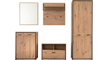Garderoben-Set Mca furniture aus Holz in Holzfarben Garderobenserie Bergen – Komplett-Set Balkeneiche & Anthrazit – fünfteilig