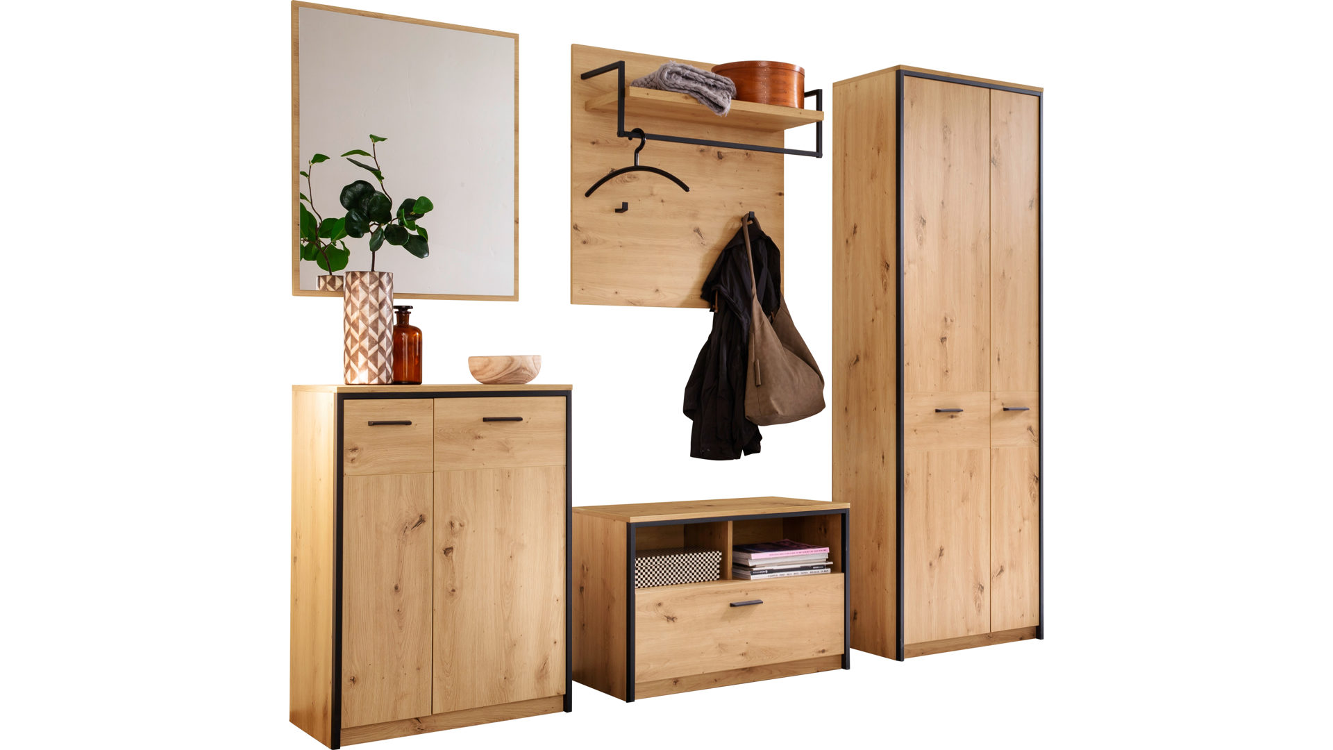 Garderoben-Set Mca furniture aus Holz in Holzfarben Garderobenserie Bergen – Komplett-Set Balkeneiche & Anthrazit – fünfteilig