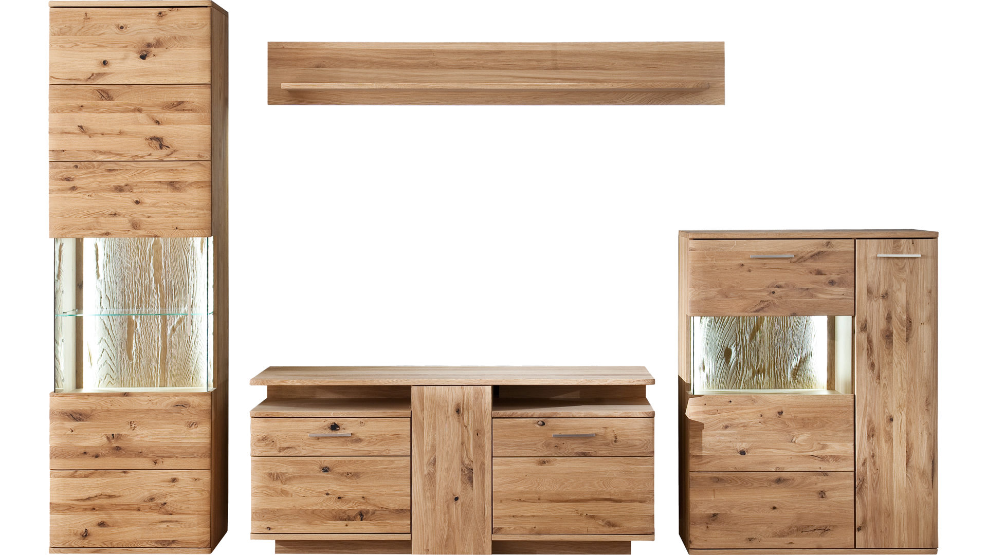Wohnwand Mca direkt aus Holz in Holzfarben Wohnprogramm Santori - Wohnwand Eiche & Asteiche – vierteilig