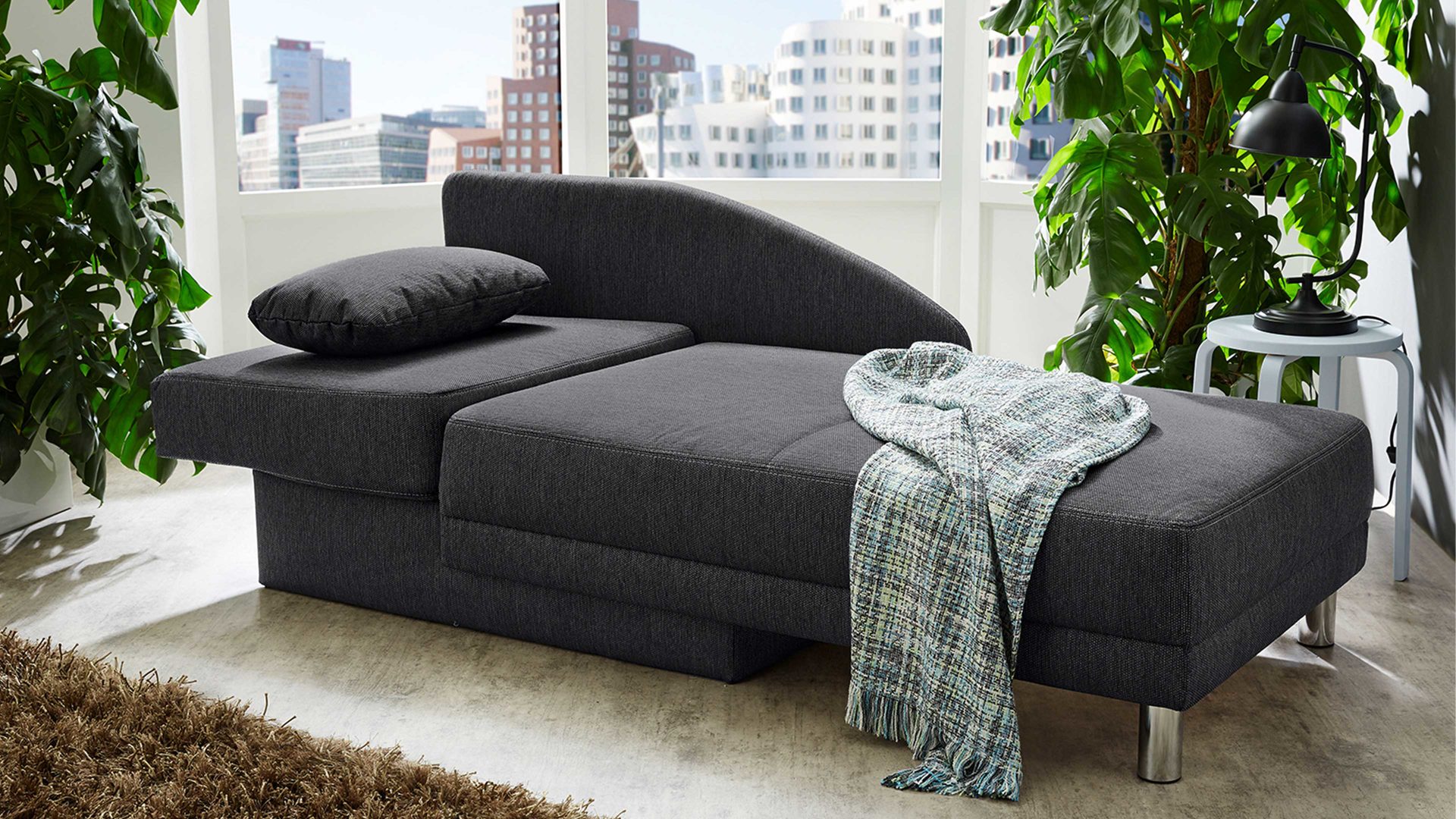 Recamiere Job aus Stoff in Anthrazit Recamiere Roy-SE anthrazitfarbenes Flachgewebe 290-59 & 289-59