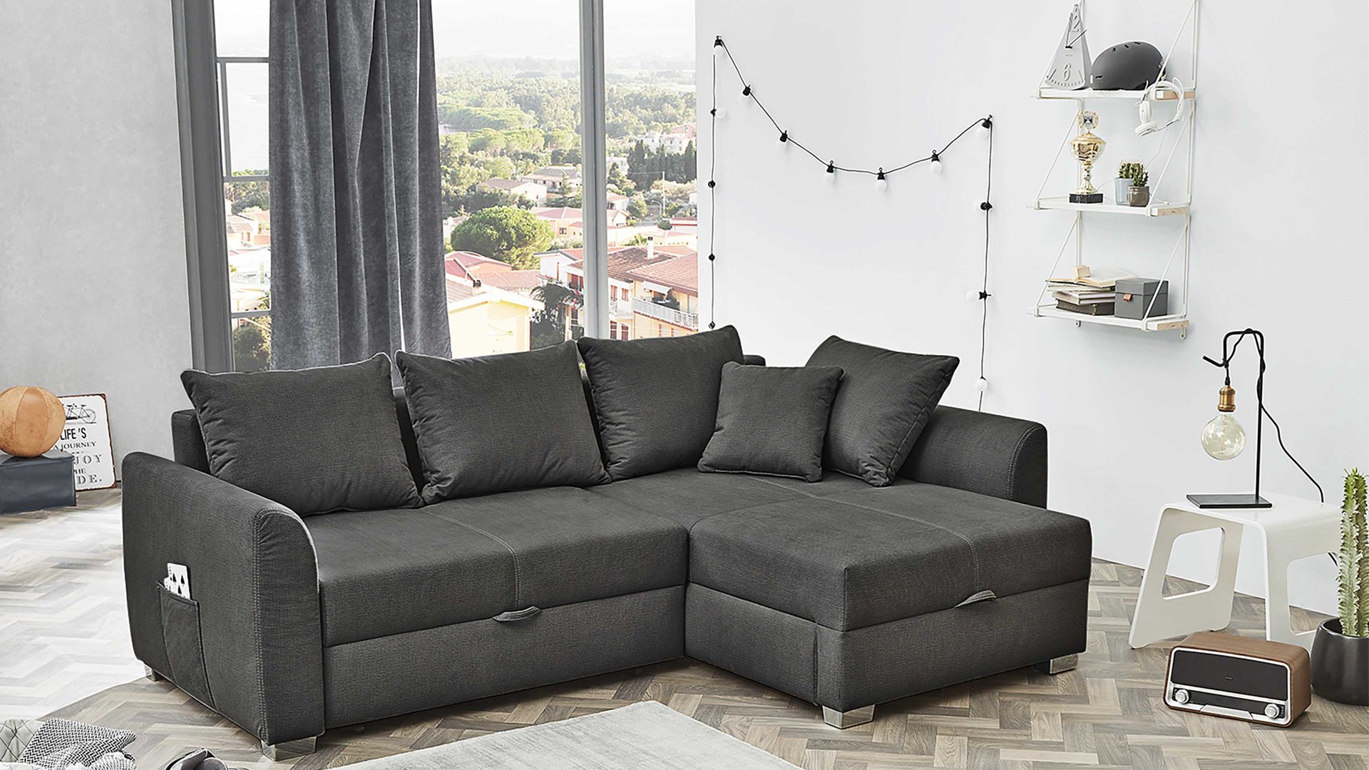 Ecksofa Job aus Stoff in Dunkelgrau Funktions-Ecksofa Boomer dunkelgraues Flachgewebe 295.19 – Stellfläche ca. 236 x 160 cm