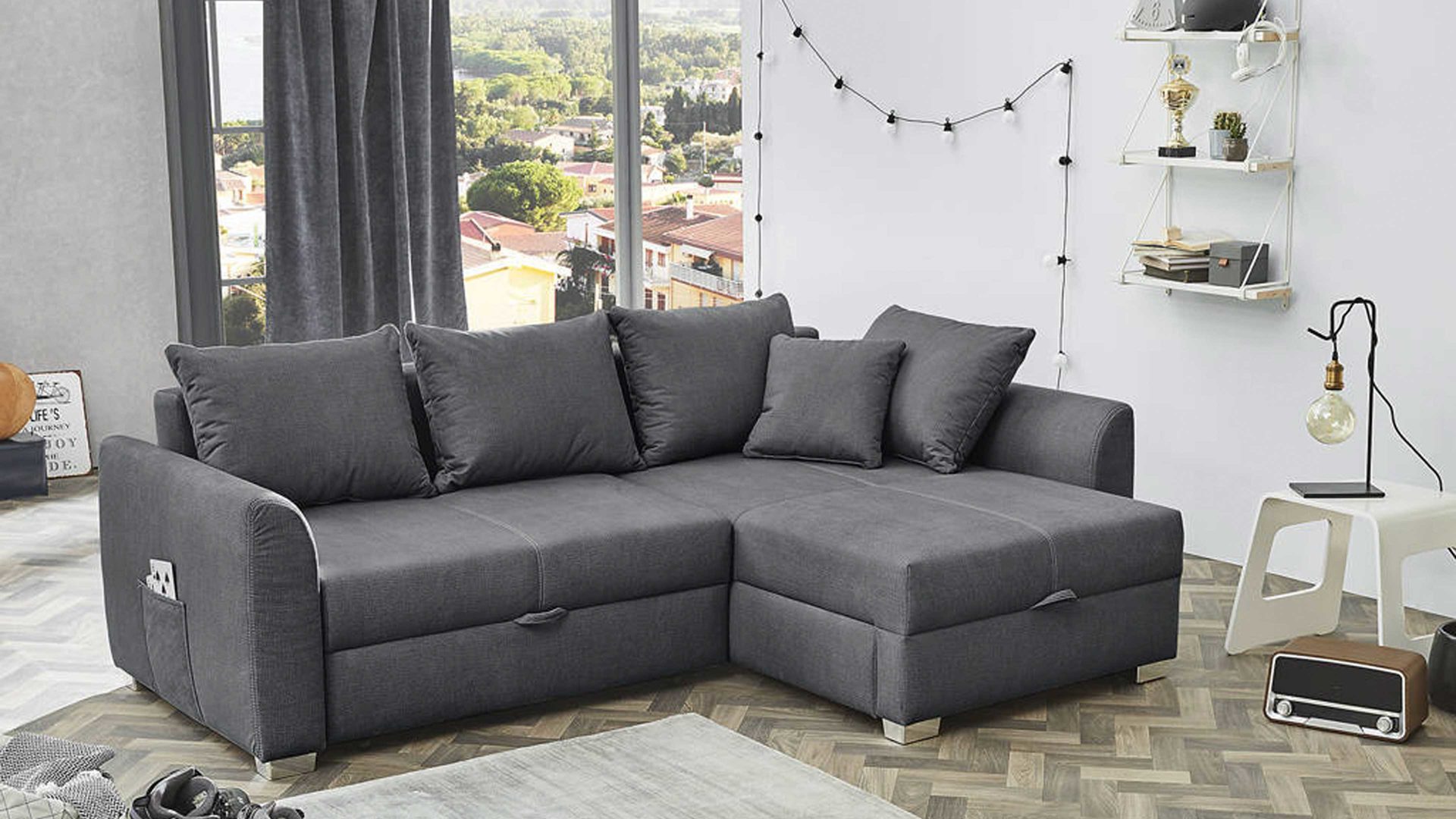 Ecksofa Job aus Stoff in Dunkelgrau Funktions-Ecksofa Boomer dunkelgraue Mikrofaser 317.09 – Stellfläche ca. 236 x 160 cm