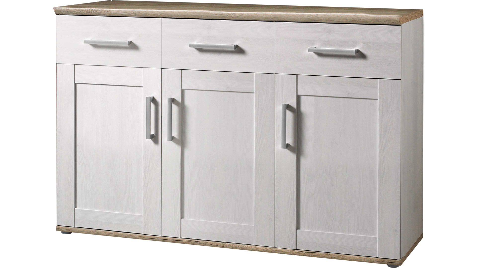Sideboard Hbz meble aus Holz in Weiß Sideboard Romance Sibiu Lärche & San Remo hell – drei Türen, drei Schubladen