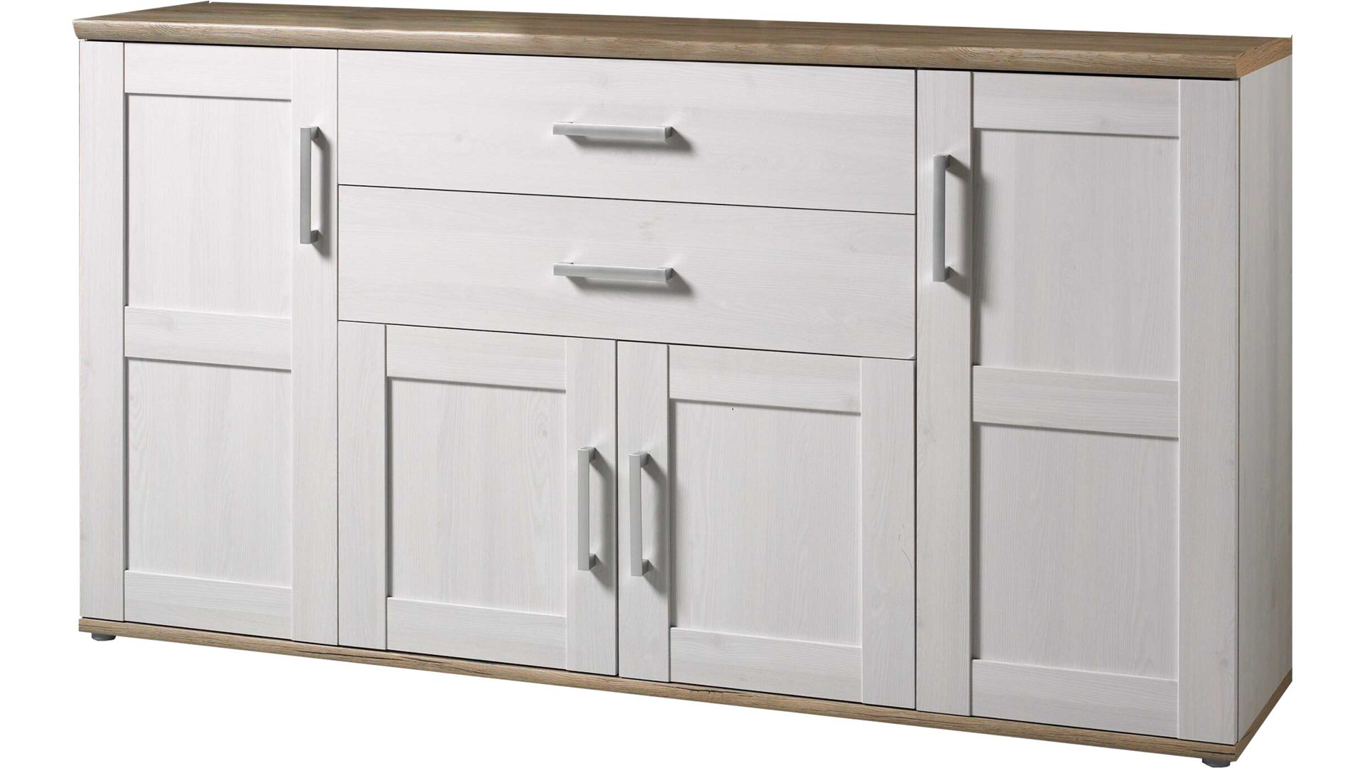 Sideboard Hbz meble aus Holz in Weiß Sideboard Romance Sibiu Lärche& San Remo hell– vier Türen, zwei Schubladen