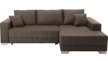 Ecksofa KAWOO aus Stoff in Dunkelbraun KAWOO Ecksofa Merlin mit Nosagunterfederung brauner Bezug Hero 15 & silberfarbene Holzfüße – Stellfläche ca. 262 x 200 cm