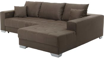 Ecksofa KAWOO aus Stoff in Dunkelbraun KAWOO Ecksofa Merlin mit Nosagunterfederung brauner Bezug Hero 15 & silberfarbene Holzfüße – Stellfläche ca. 262 x 200 cm