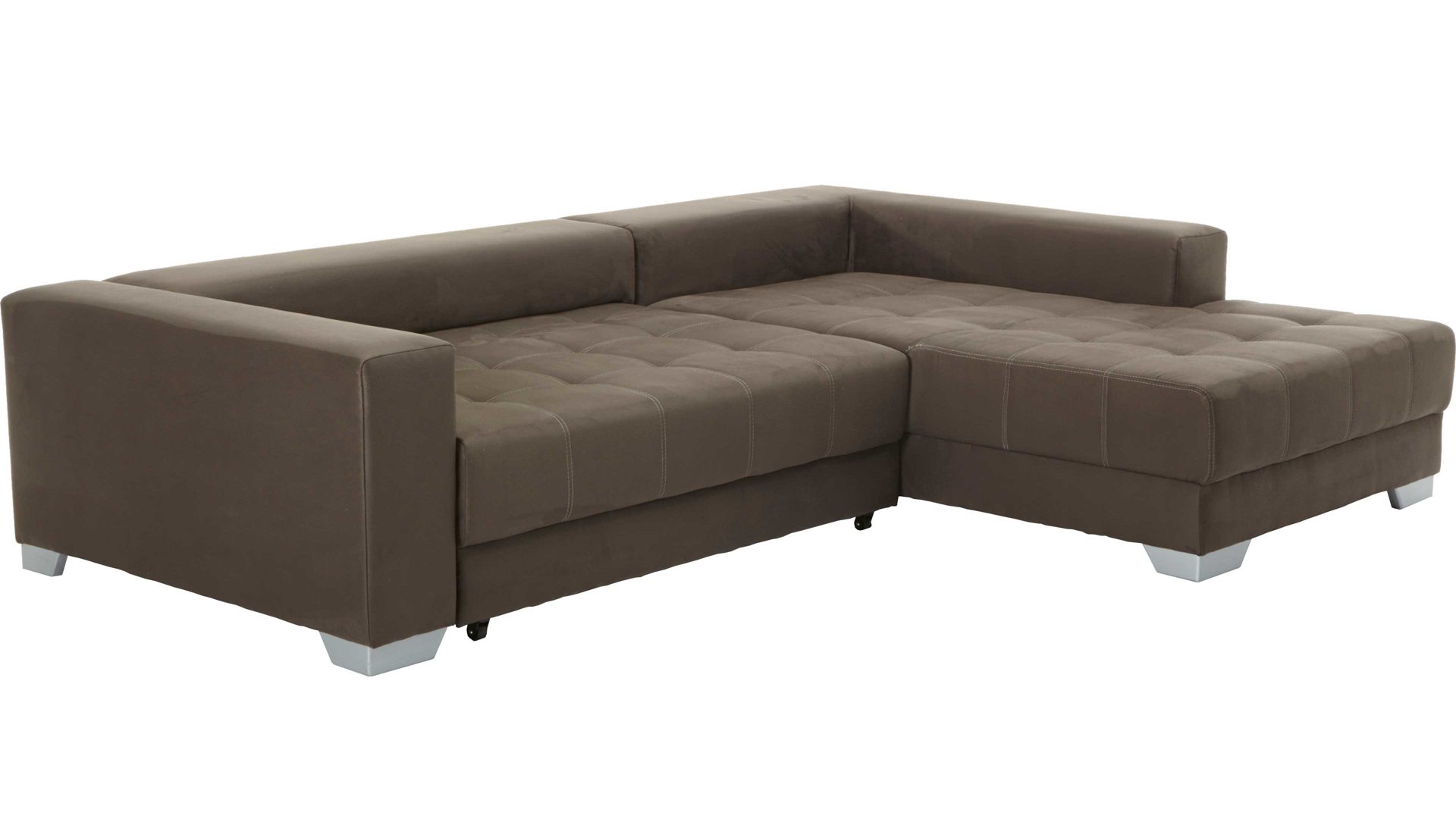 Ecksofa KAWOO aus Stoff in Dunkelbraun KAWOO Ecksofa Merlin mit Nosagunterfederung brauner Bezug Hero 15 & silberfarbene Holzfüße – Stellfläche ca. 262 x 200 cm