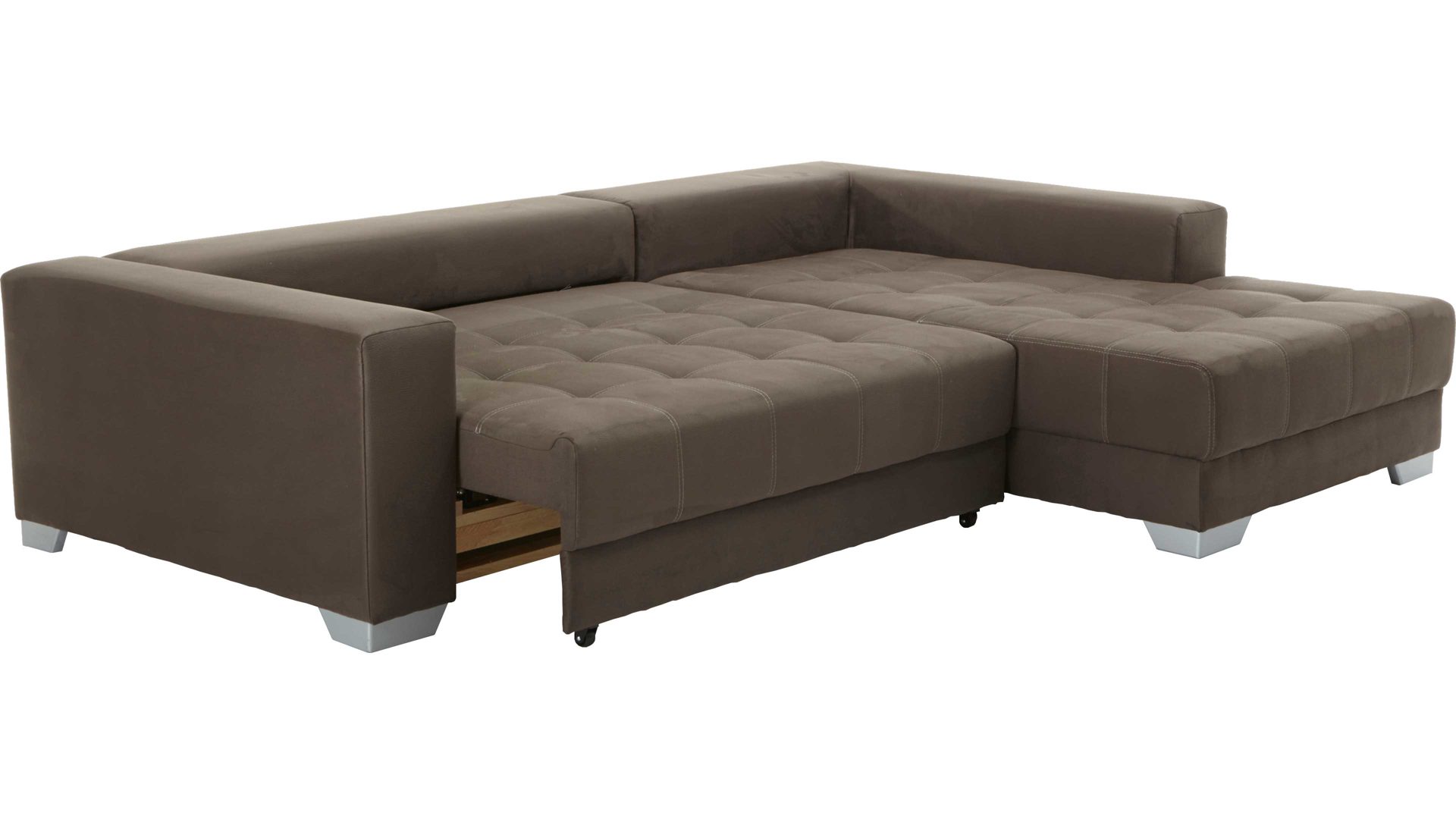 Ecksofa KAWOO aus Stoff in Dunkelbraun KAWOO Ecksofa Merlin mit Nosagunterfederung brauner Bezug Hero 15 & silberfarbene Holzfüße – Stellfläche ca. 262 x 200 cm