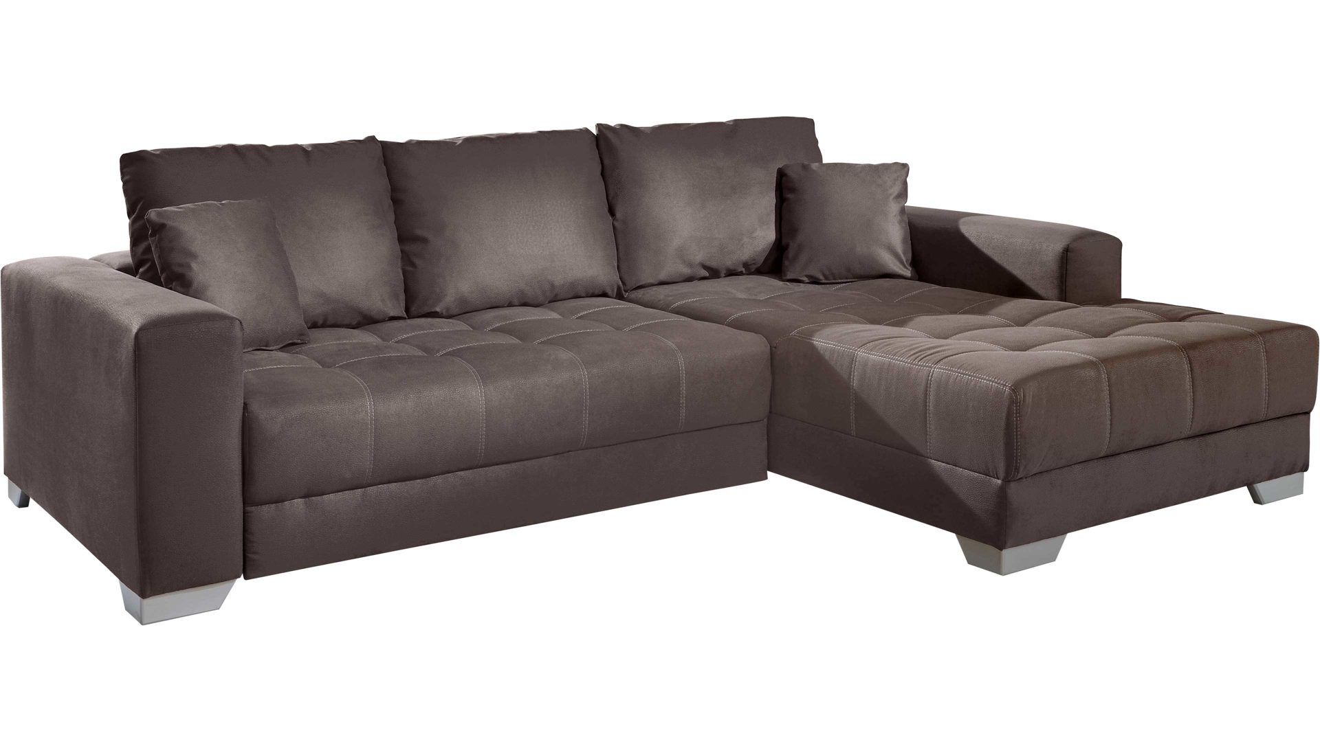 Ecksofa KAWOO aus Stoff in Dunkelbraun KAWOO Ecksofa Merlin mit Nosagunterfederung brauner Bezug Hero 15 & silberfarbene Holzfüße – Stellfläche ca. 262 x 200 cm