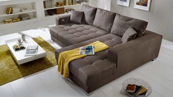 Ecksofa KAWOO aus Stoff in Dunkelbraun KAWOO Ecksofa Merlin mit Nosagunterfederung brauner Bezug Hero 15 & silberfarbene Holzfüße – Stellfläche ca. 262 x 200 cm