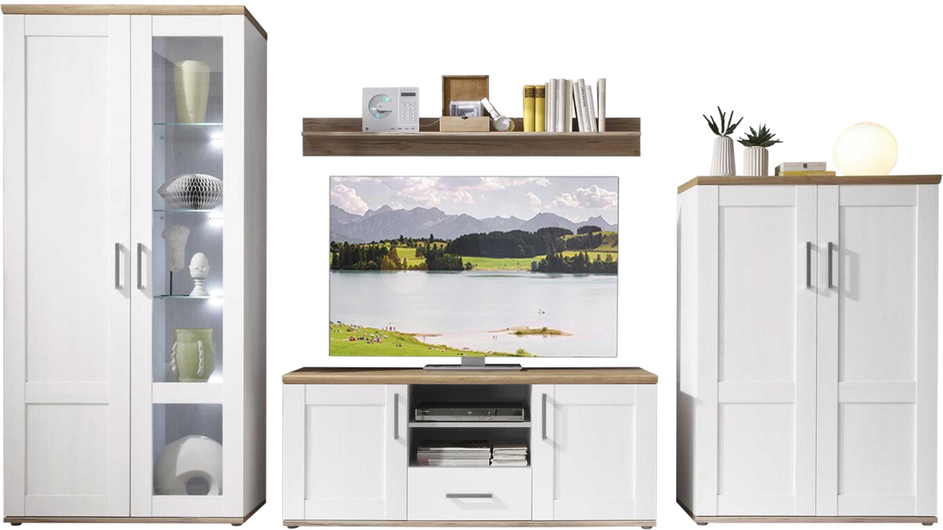 Wohnwand Hbz meble aus Holz in Weiß Wohnkombination Sibiu lärchefarbene & San Remo helle Kunststoffoberflächen – vierteilig