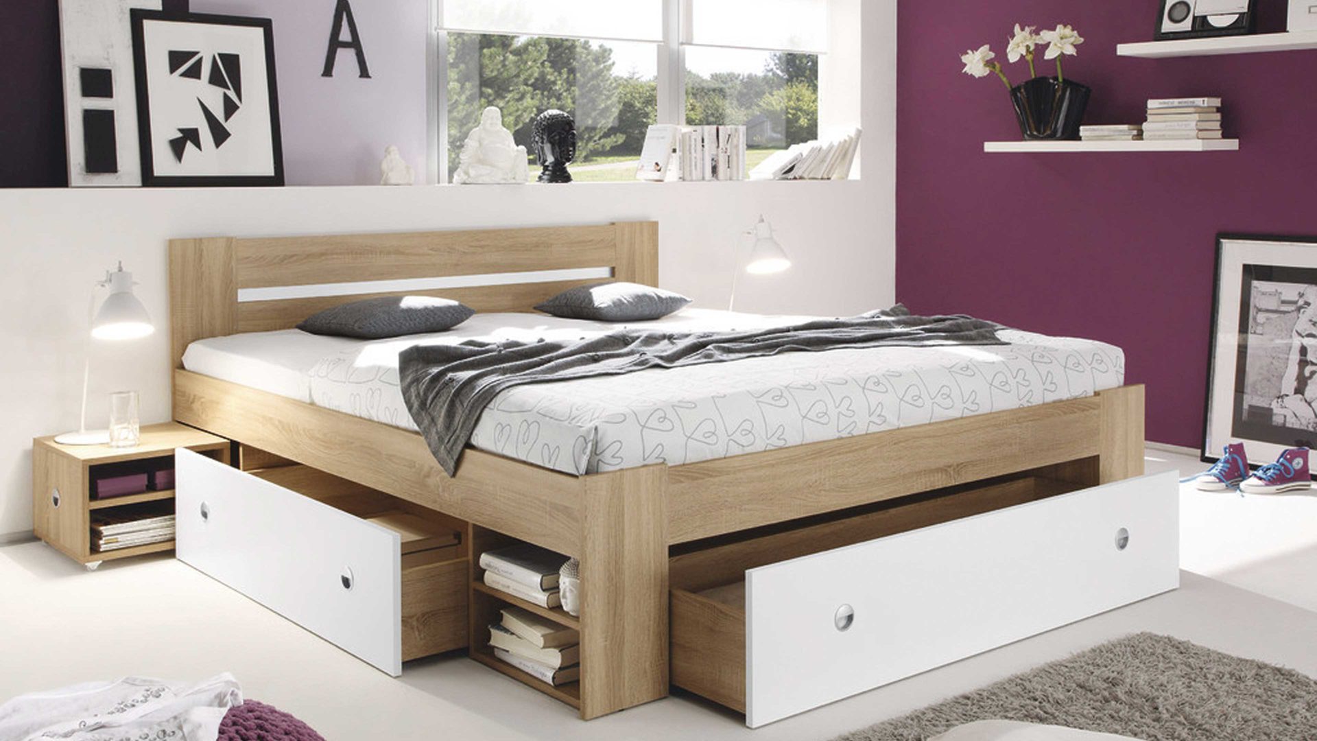 Funktionsbett Pol-power aus Holz in Holzfarben Funktionsbettgestell Sonoma Eiche & Weiß – Liegefläche ca. 140 x 200 cm