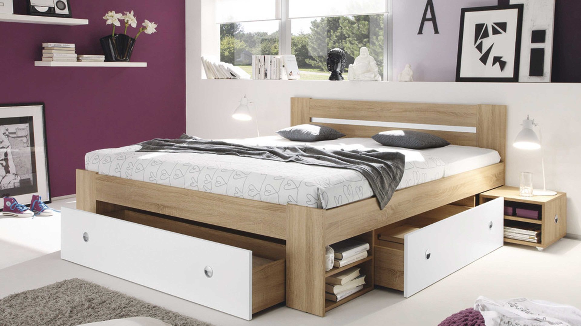 Funktionsbett Pol-power aus Holz in Holzfarben Funktionsbettgestell Sonoma Eiche & Weiß – Liegefläche ca. 140 x 200 cm