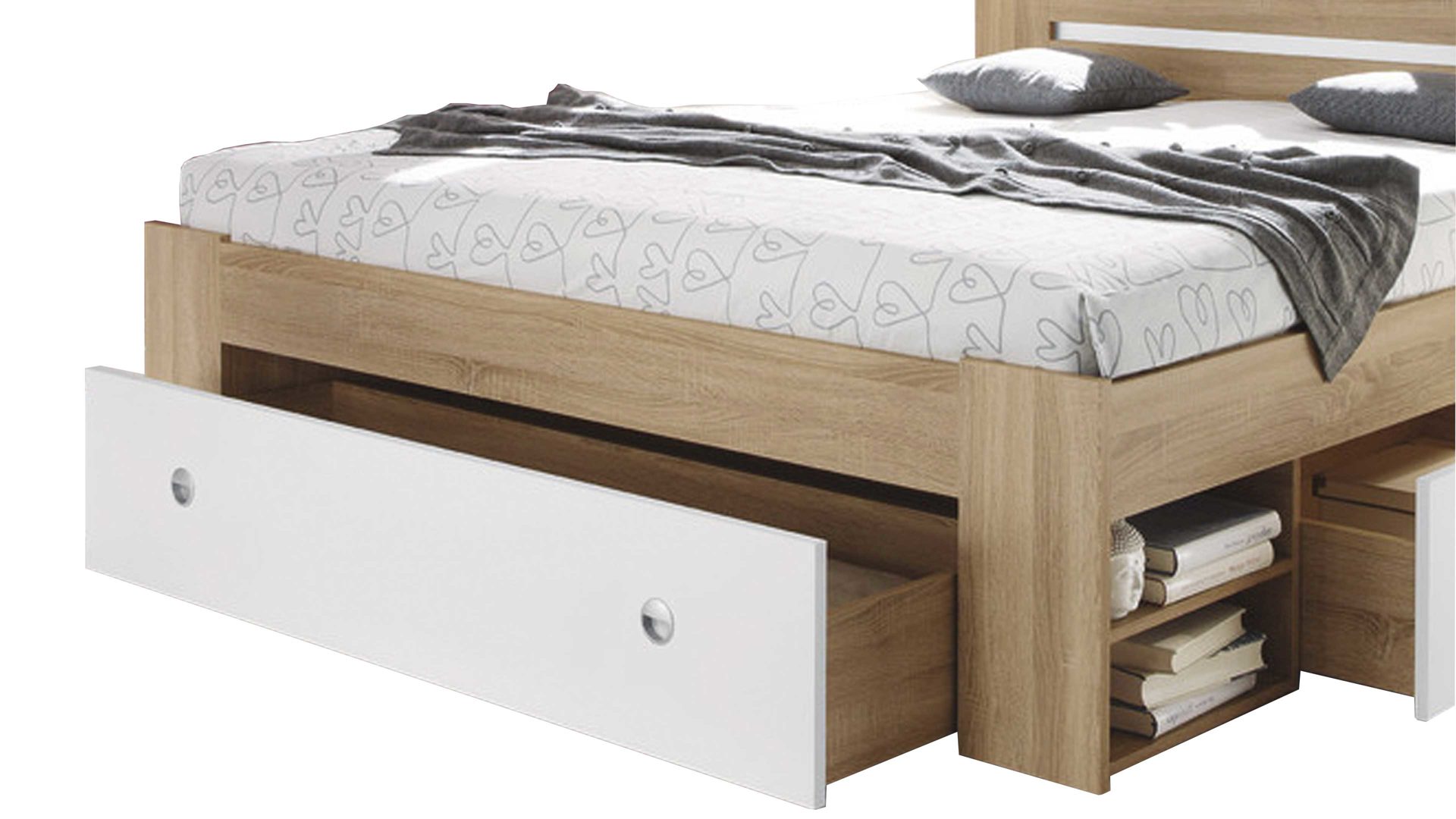 Funktionsbett Pol-power aus Holz in Holzfarben Funktionsbettgestell Sonoma Eiche & Weiß – Liegefläche ca. 140 x 200 cm