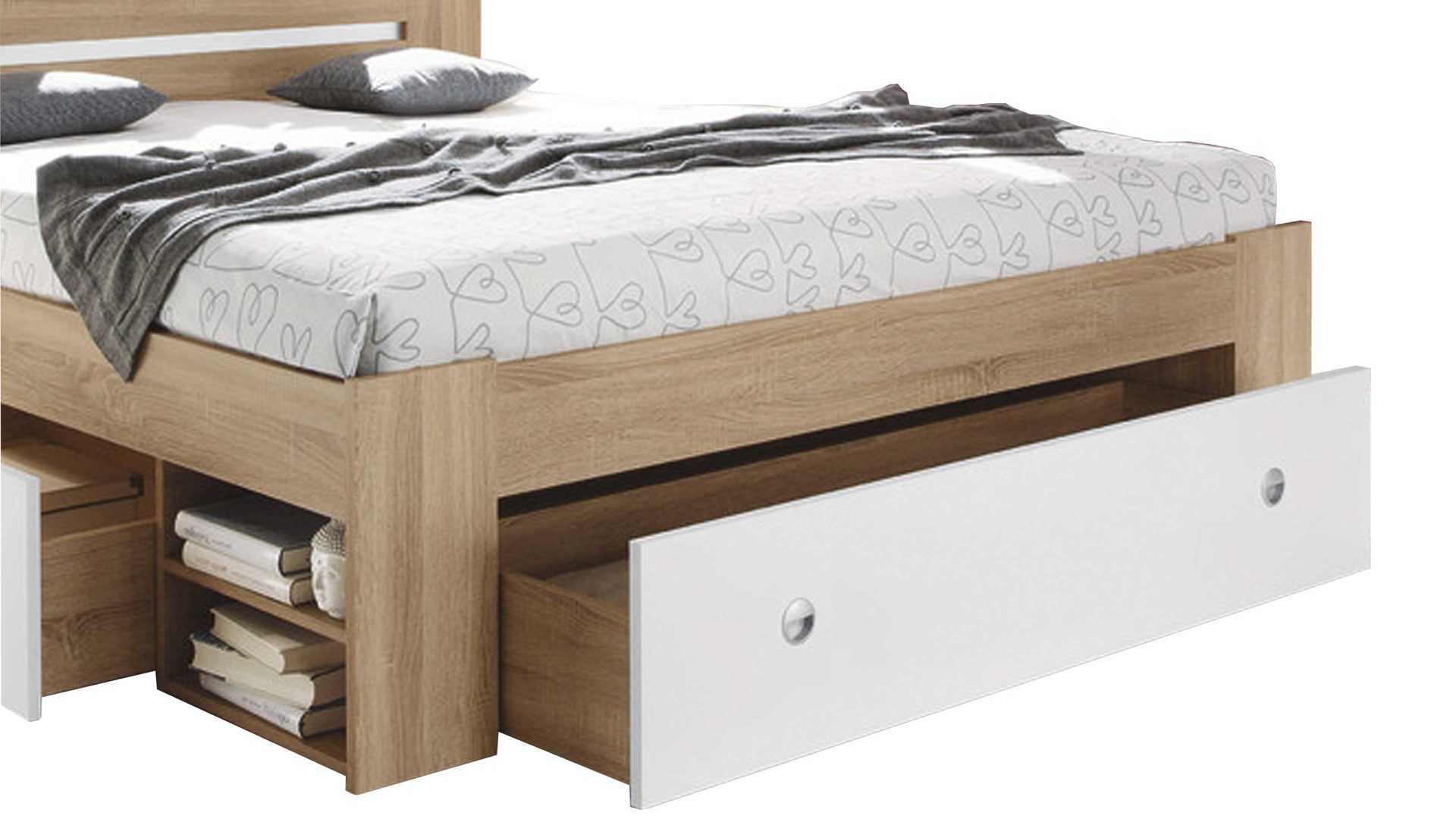 Funktionsbett Pol-power aus Holz in Holzfarben Funktionsbettgestell Sonoma Eiche & Weiß – Liegefläche ca. 140 x 200 cm