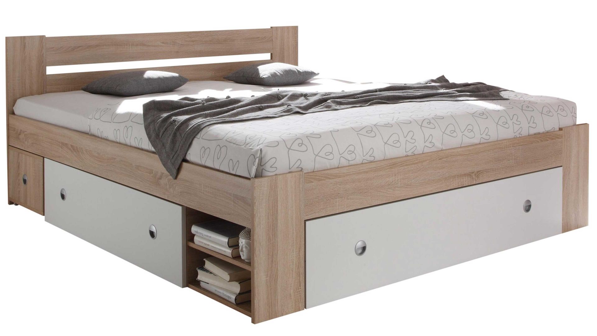 Funktionsbett Pol-power aus Holz in Holzfarben Funktionsbettgestell Sonoma Eiche & Weiß – Liegefläche ca. 180 x 200 cm