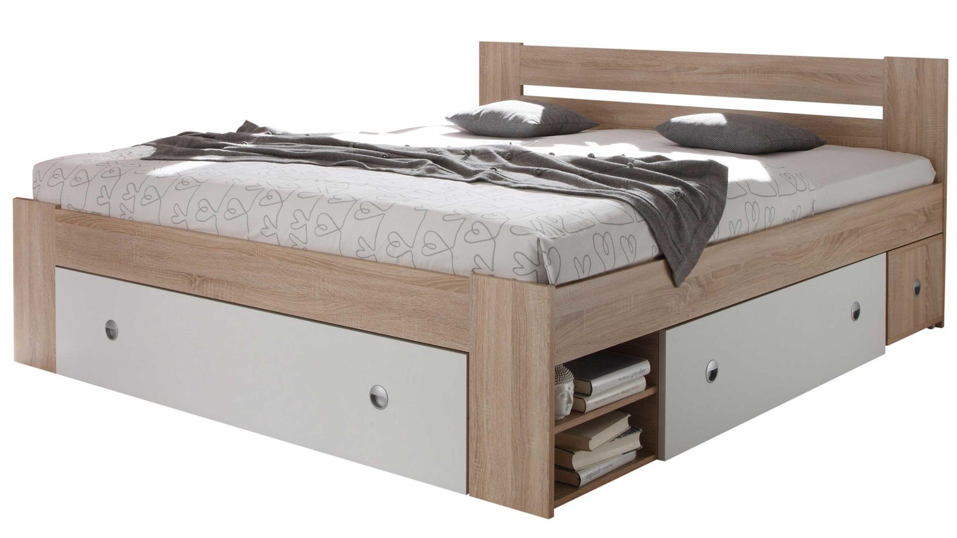 Funktionsbett Pol-power aus Holz in Holzfarben Funktionsbettgestell Sonoma Eiche & Weiß – Liegefläche ca. 140 x 200 cm