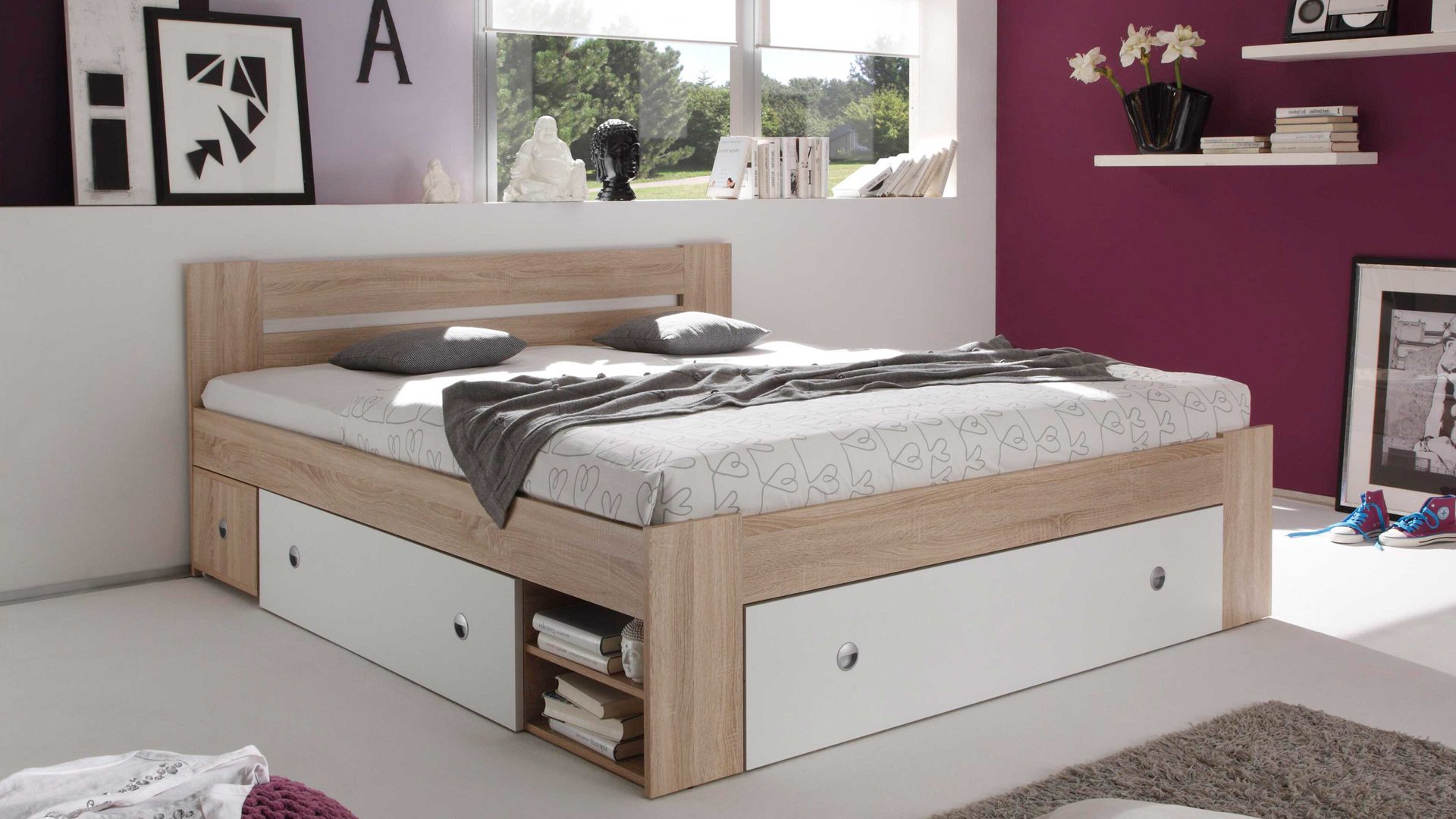 Funktionsbett Pol-power aus Holz in Holzfarben Funktionsbettgestell Sonoma Eiche & Weiß – Liegefläche ca. 140 x 200 cm