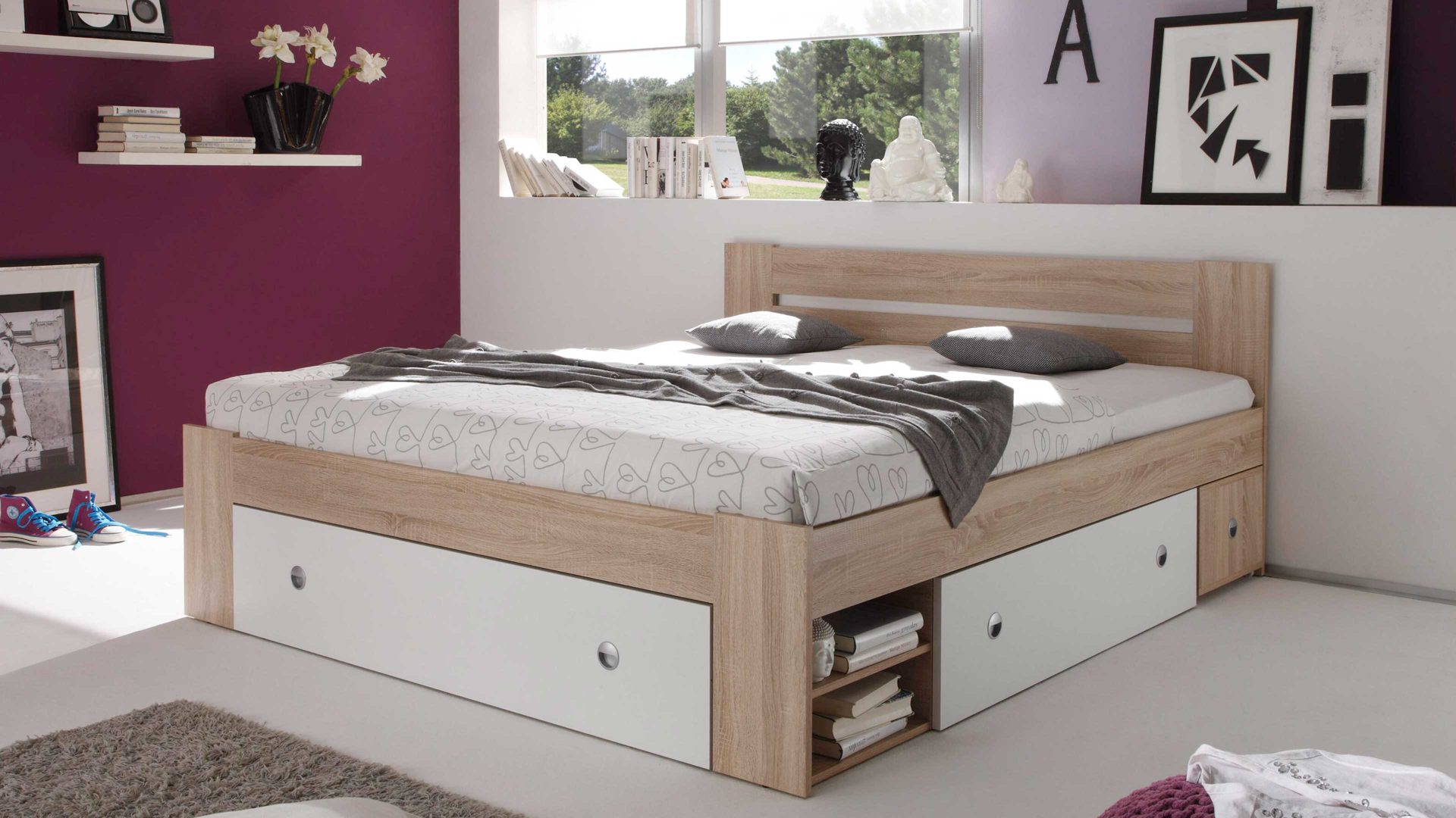 Funktionsbett Pol-power aus Holz in Holzfarben Funktionsbettgestell Sonoma Eiche & Weiß – Liegefläche ca. 180 x 200 cm