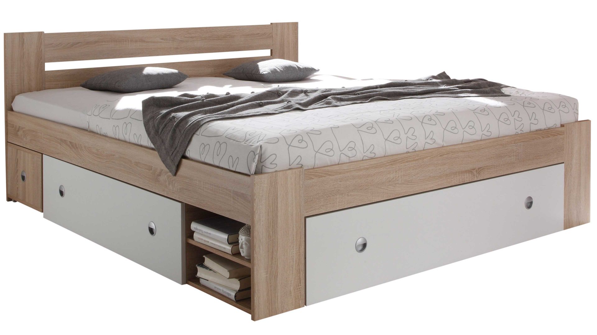 Funktionsbett Pol-power aus Holz in Holzfarben Funktionsbettgestell Sonoma Eiche & Weiß – Liegefläche ca. 140 x 200 cm