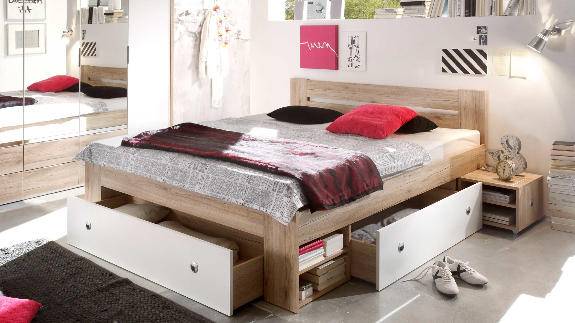 Funktionsbett Pol-power aus Holz in Holzfarben Funktionsbettgestell San Remo Eiche & Weiß – Liegefläche ca. 140 x 200 cm