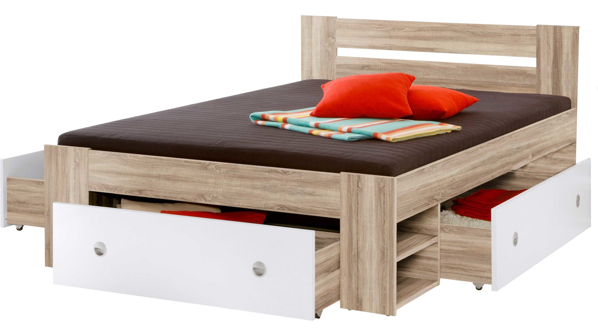 Funktionsbett Pol-power aus Holz in Holzfarben Funktionsbettgestell San Remo Eiche & Weiß – Liegefläche ca. 140 x 200 cm