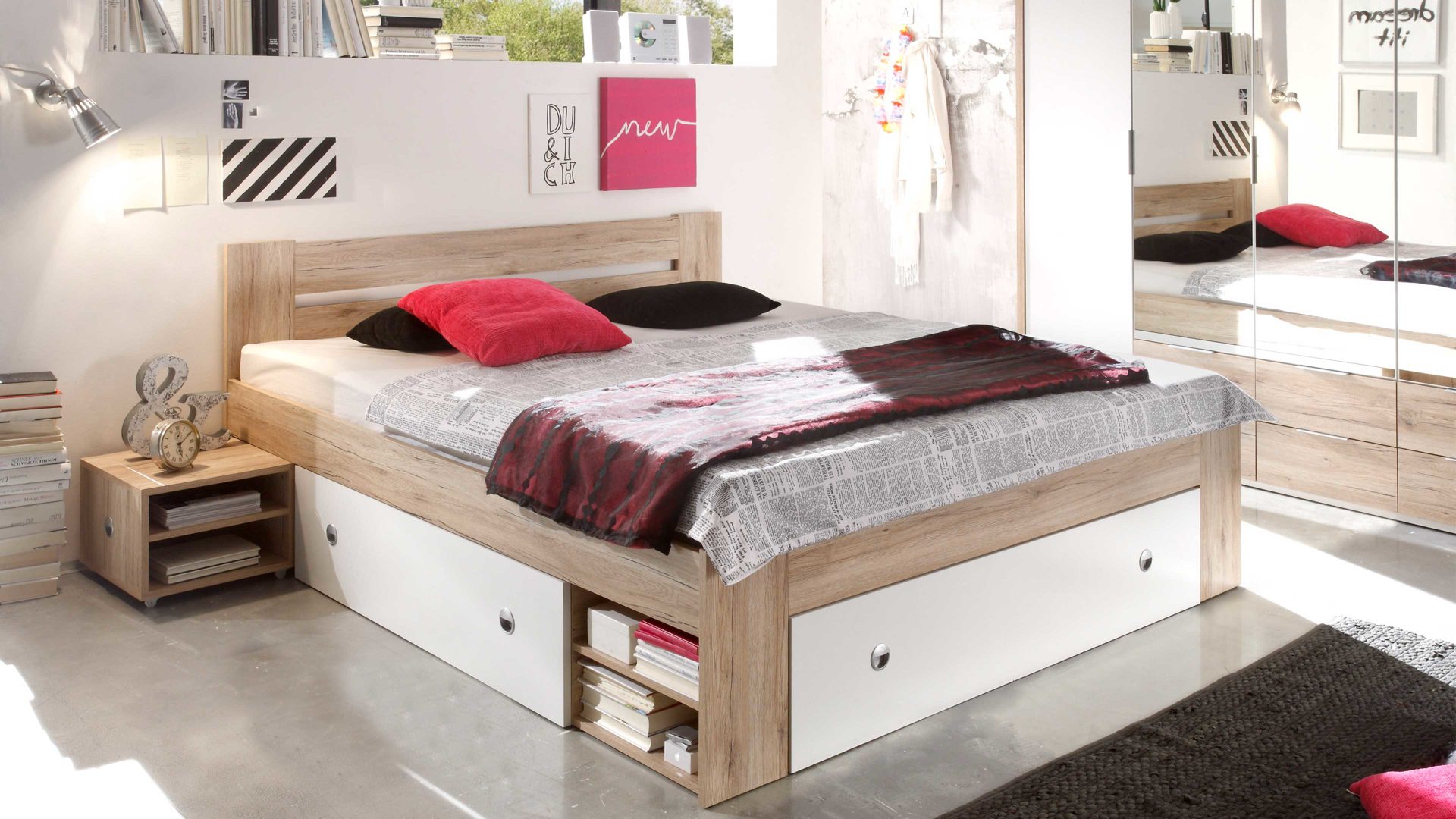 Funktionsbett Pol-power aus Holz in Holzfarben Funktionsbettgestell San Remo Eiche & Weiß – Liegefläche ca. 140 x 200 cm