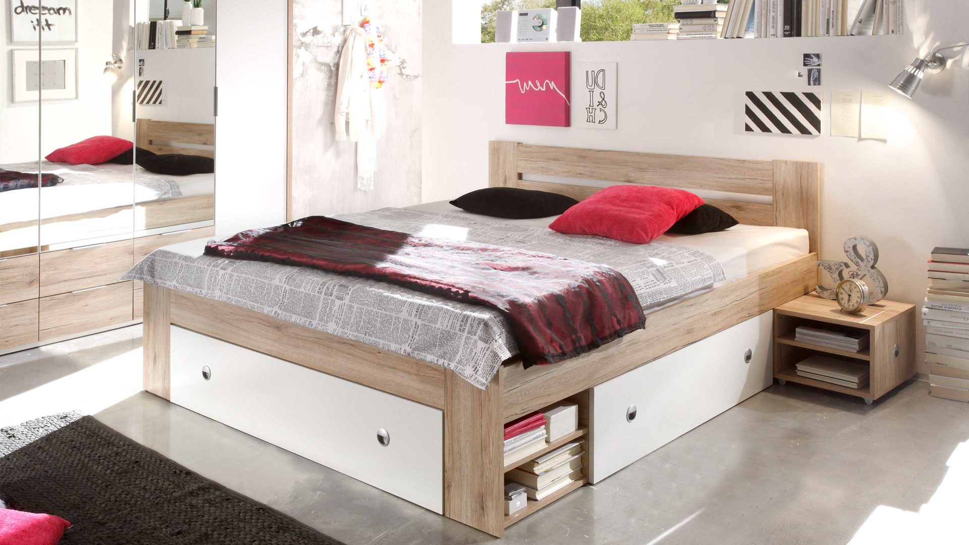 Funktionsbett Pol-power aus Holz in Holzfarben Funktionsbettgestell San Remo Eiche & Weiß – Liegefläche ca. 140 x 200 cm