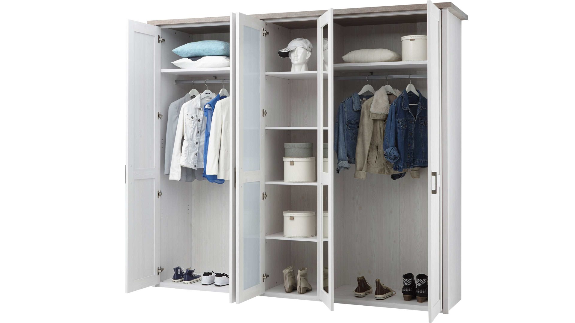 Kleiderschrank Pol-power aus Holz in Weiß Kleiderschrank weiße Pinie- & Trüffel -  Breite ca. 241 cm, fünf Türen