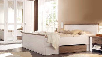 Doppelbett Pol-power aus Holz in Weiß Bettgestell mit Nachtkommoden weiße pinien- & trüffelfarbene Kunststoffoberflächen -  Liegefläche ca. 180 x 200 cm