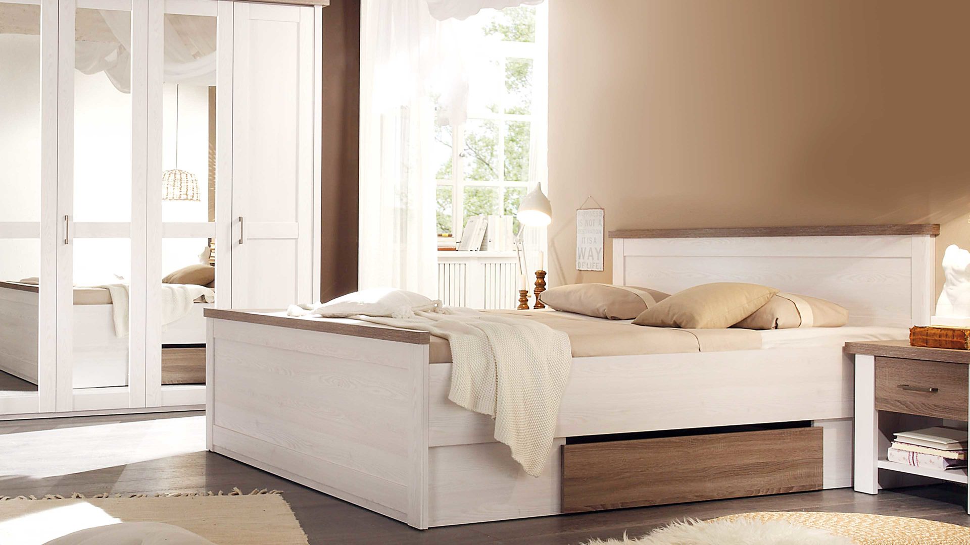 Doppelbett Pol-power aus Holz in Weiß Bettgestell mit Nachtkommoden weiße pinien- & trüffelfarbene Kunststoffoberflächen -  Liegefläche ca. 180 x 200 cm