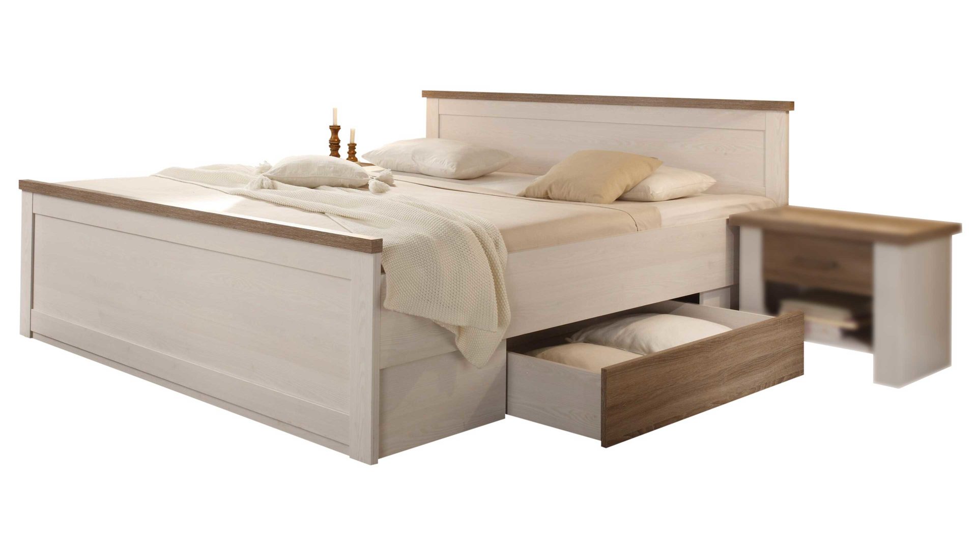Doppelbett Pol-power aus Holz in Weiß Bettgestell mit Nachtkommoden weiße pinien- & trüffelfarbene Kunststoffoberflächen -  Liegefläche ca. 180 x 200 cm