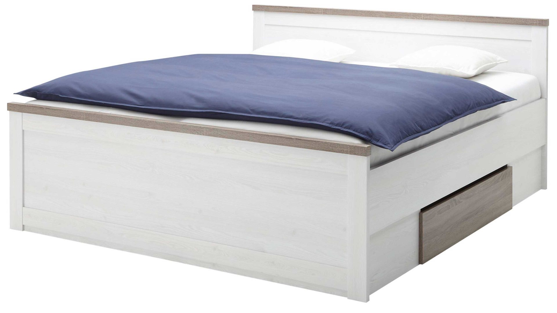 Doppelbett Pol-power aus Holz in Weiß Bettgestell mit Nachtkommoden weiße pinien- & trüffelfarbene Kunststoffoberflächen -  Liegefläche ca. 180 x 200 cm