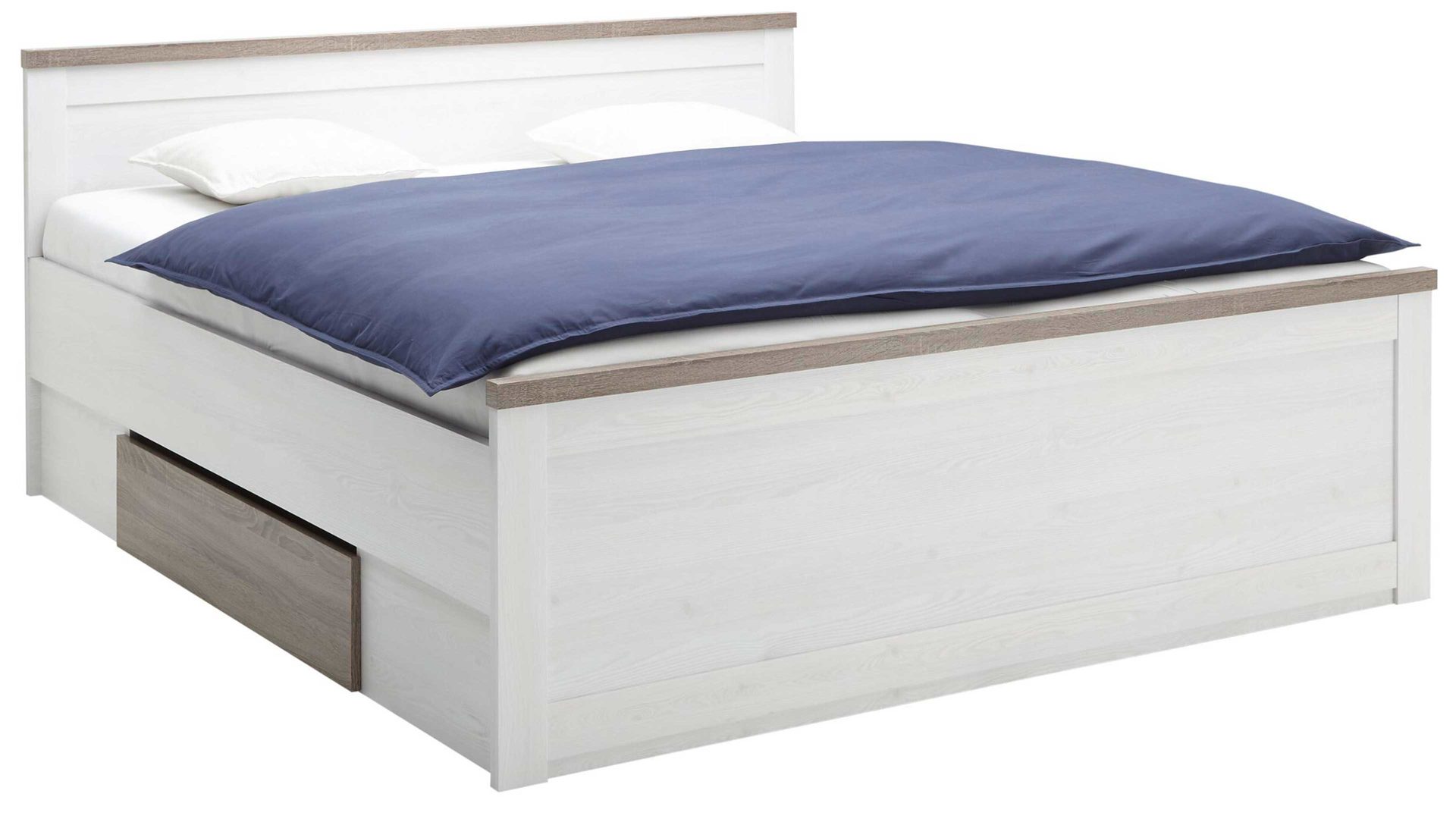 Doppelbett Pol-power aus Holz in Weiß Bettgestell mit Nachtkommoden weiße pinien- & trüffelfarbene Kunststoffoberflächen -  Liegefläche ca. 180 x 200 cm