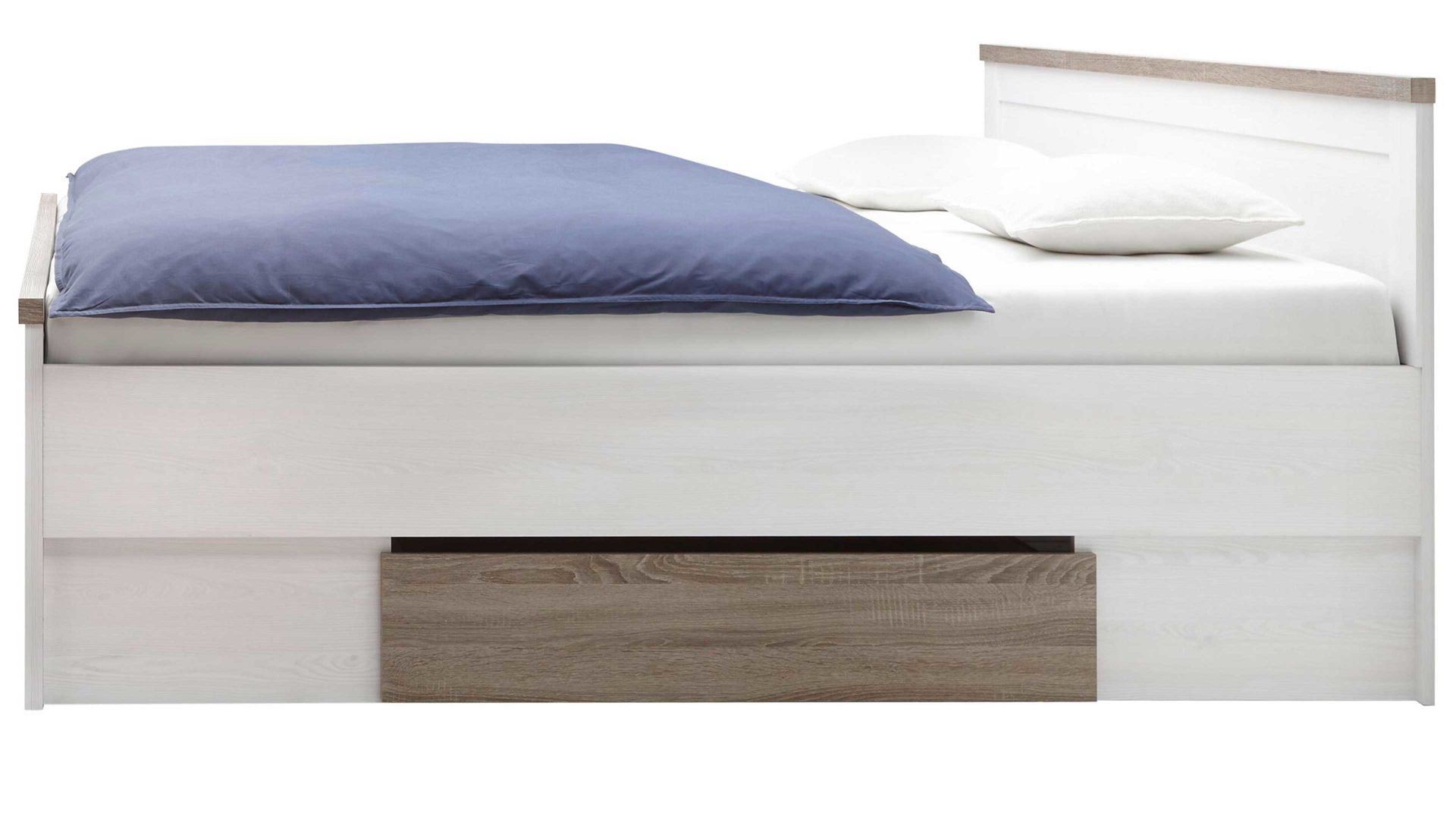 Doppelbett Pol-power aus Holz in Weiß Bettgestell mit Nachtkommoden weiße pinien- & trüffelfarbene Kunststoffoberflächen -  Liegefläche ca. 180 x 200 cm