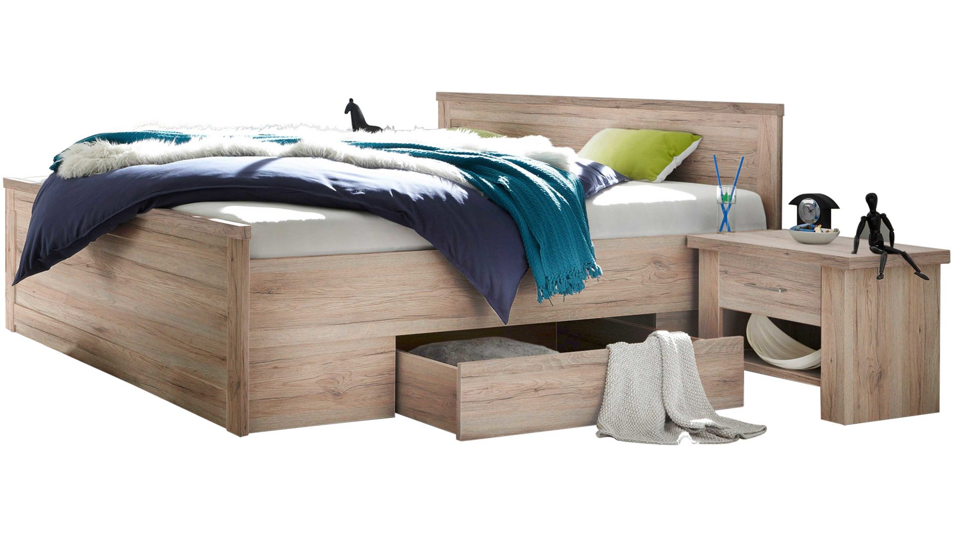 Doppelbett Pol-power aus Holz in Holzfarben Bettgestell mit Nachtkommoden helle San Remo Eiche -  Liegefläche ca. 180 x 200 cm