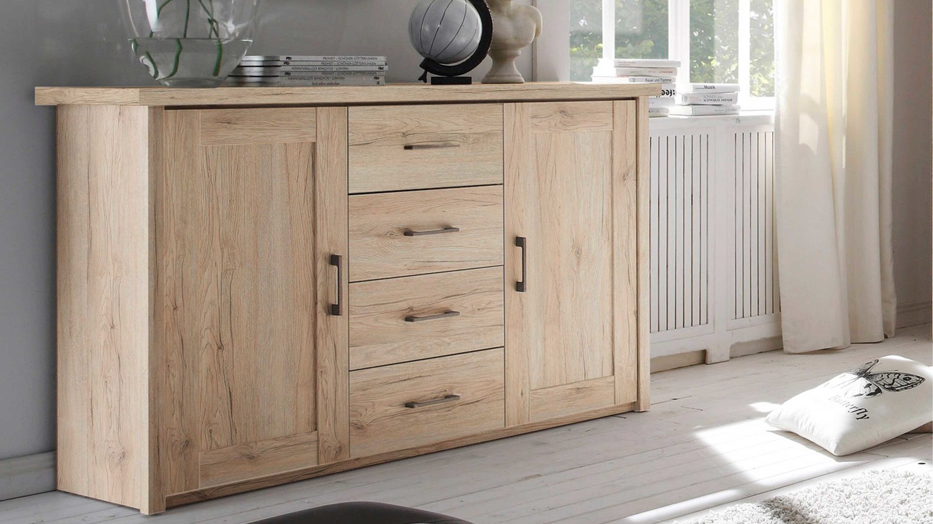Kombikommode Pol-power aus Holz in Holzfarben Kombikommode helle San Remo Eiche -  zwei Türen, vier Schubladen