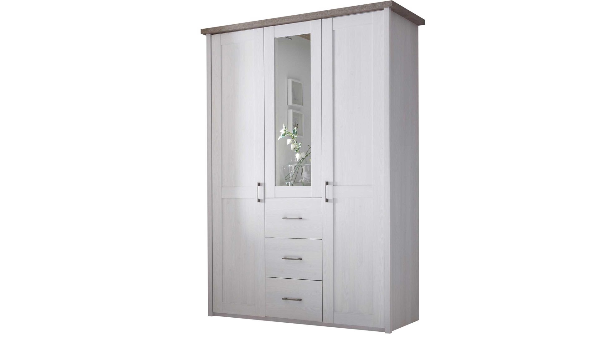 Kleiderschrank Pol-power aus Holz in Weiß Kleiderschrank weiße Pinie & Trüffel - Breite ca. 150 cm, drei Türen, drei Schubladen