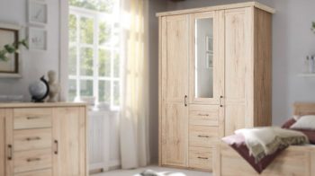 Kleiderschrank Pol-power aus Holz in Holzfarben Kleiderschrank San Remo Eiche - Breite ca. 150 cm, drei Türen, drei Schubladen
