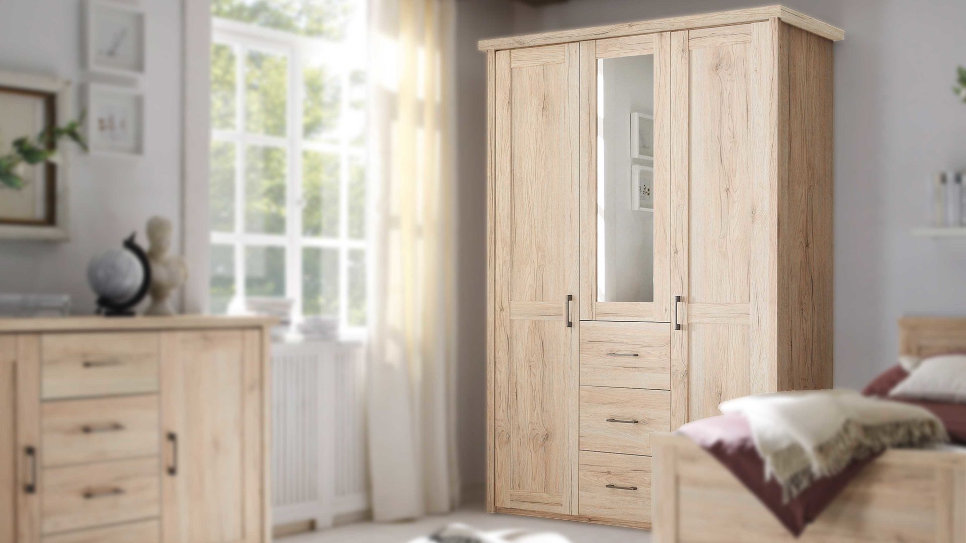 Kleiderschrank Pol-power aus Holz in Holzfarben Kleiderschrank San Remo Eiche - Breite ca. 150 cm, drei Türen, drei Schubladen