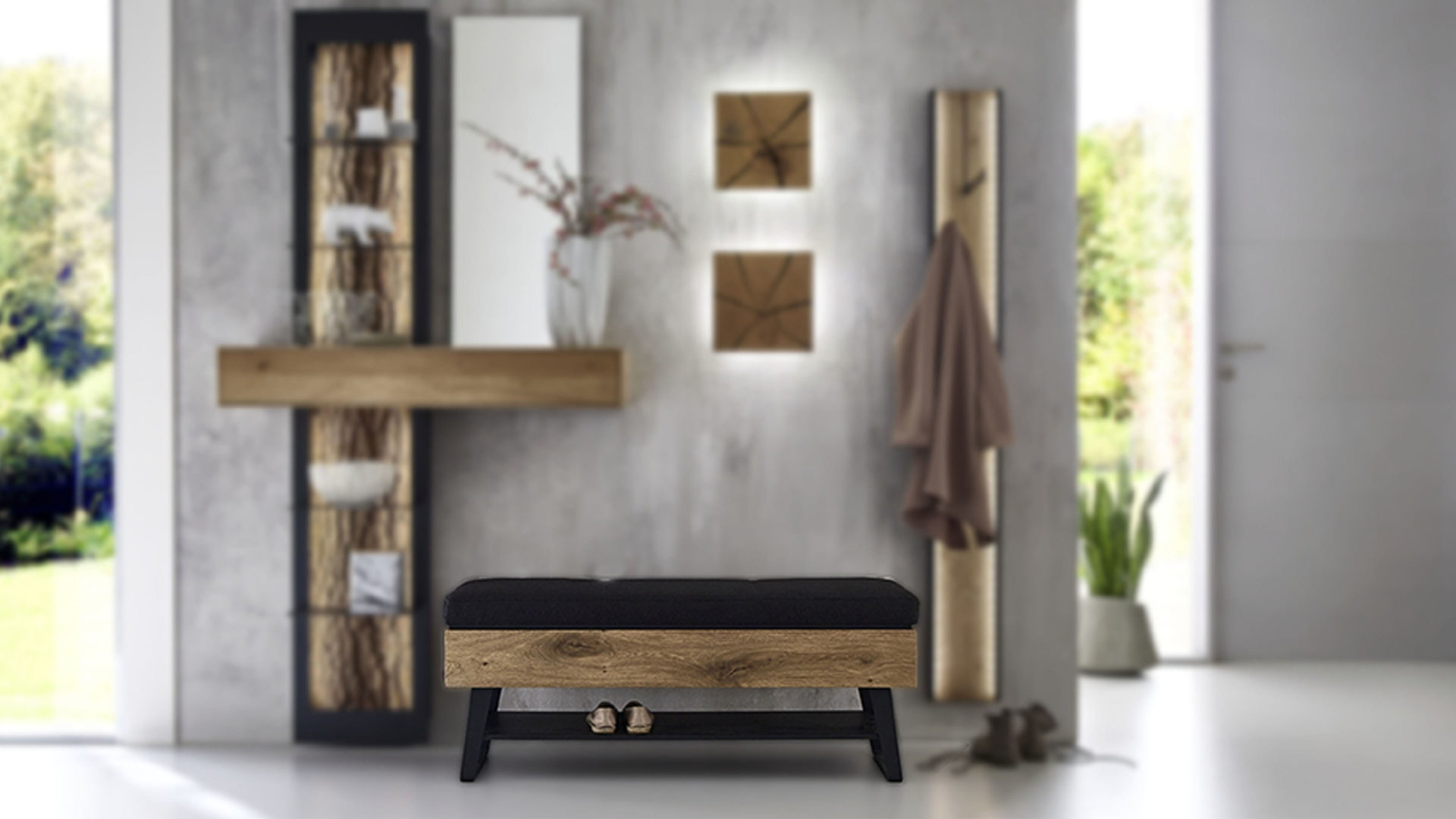 Garderobenbank Hartmann aus Holz in Holzfarben hartmann Garderobenprogramm Runa - Garderobenbank Kerneiche & anthrazitfarbener Stoffbezug - Länge ca. 118 cm