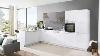 Einbauküche Interliving aus Holz in Weiß Interliving Küche Serie 3022 mit gorenje Einbaugeräten Weiß & Lava Hochglanz – Stellfläche ca. 185 x 380 cm
